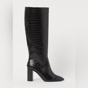 H&M Glossy Black Croc-Embossed Heeled Boots